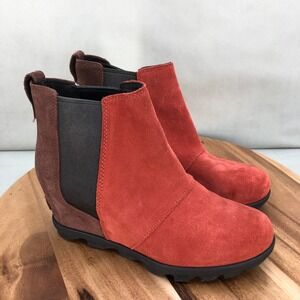 Sorel Joan of Arctic Womens Wedge Ankle Boots Red Suede Elastic Size 9 Pull On